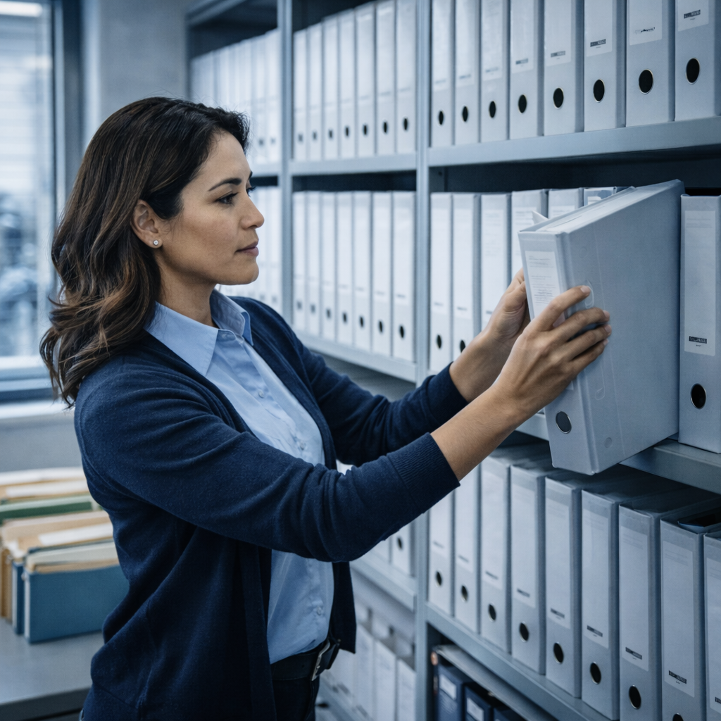 Compliance manager organizing structured binders in a documentation room, representing audit-ready CMMC evidence management.