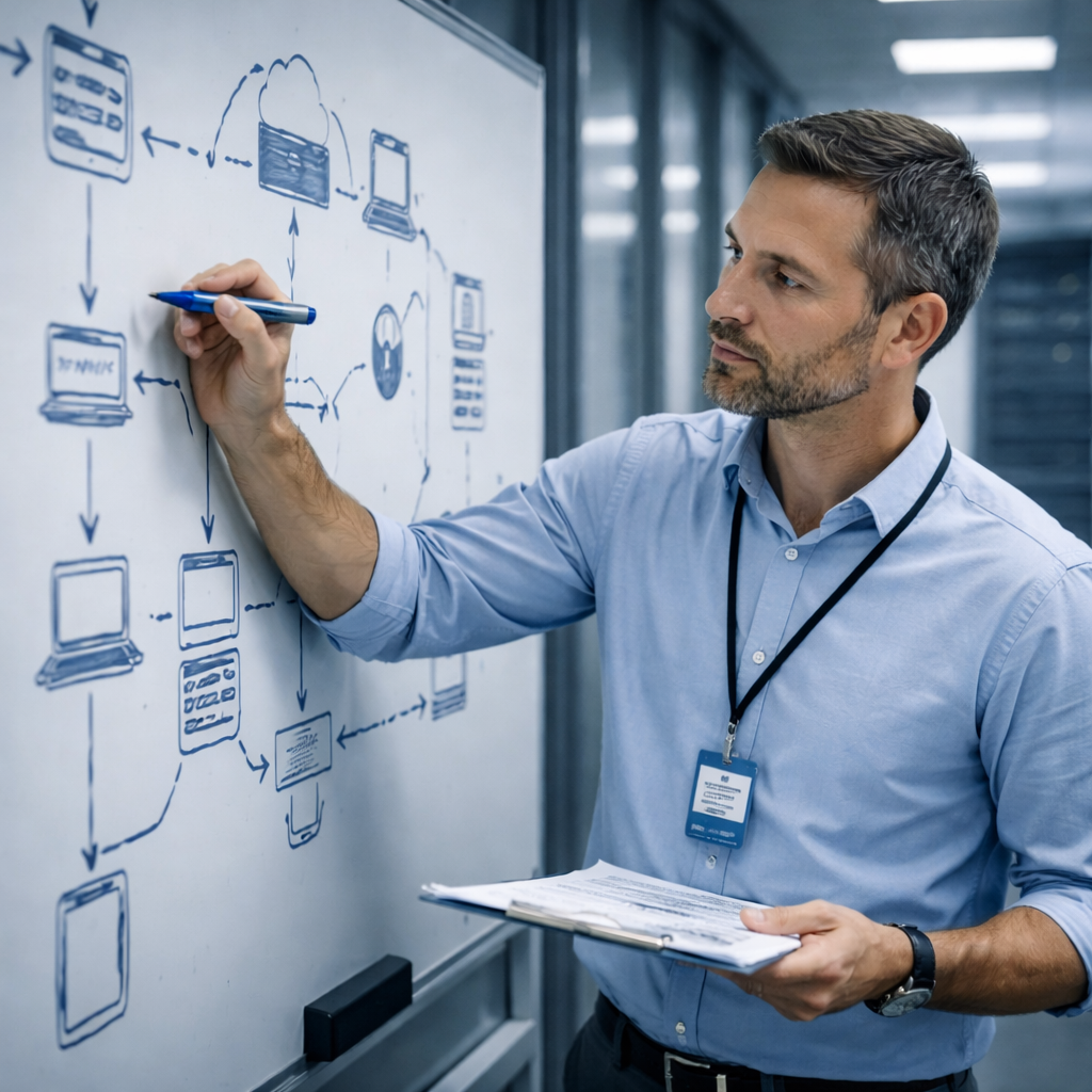 Cybersecurity consultant mapping CUI systems and compliance controls on a whiteboard during a CMMC consulting session.