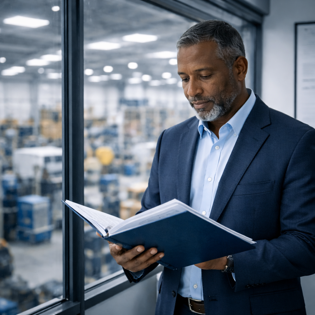 Senior defense contractor executive reviewing contract documents while overlooking a manufacturing floor, symbolizing revenue protection through CMMC compliance.