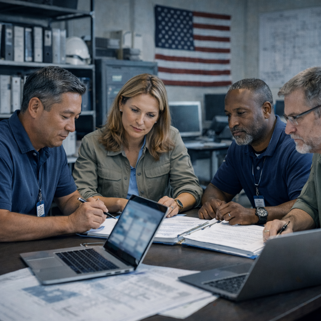 Manufacturing-focused defense contractor team reviewing CMMC compliance documents in an industrial office environment.