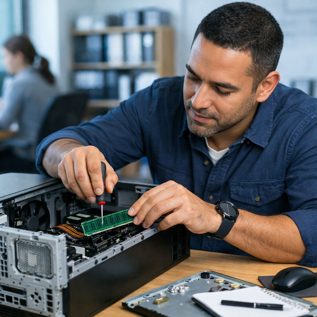 computer repair technician working on a smb pc
