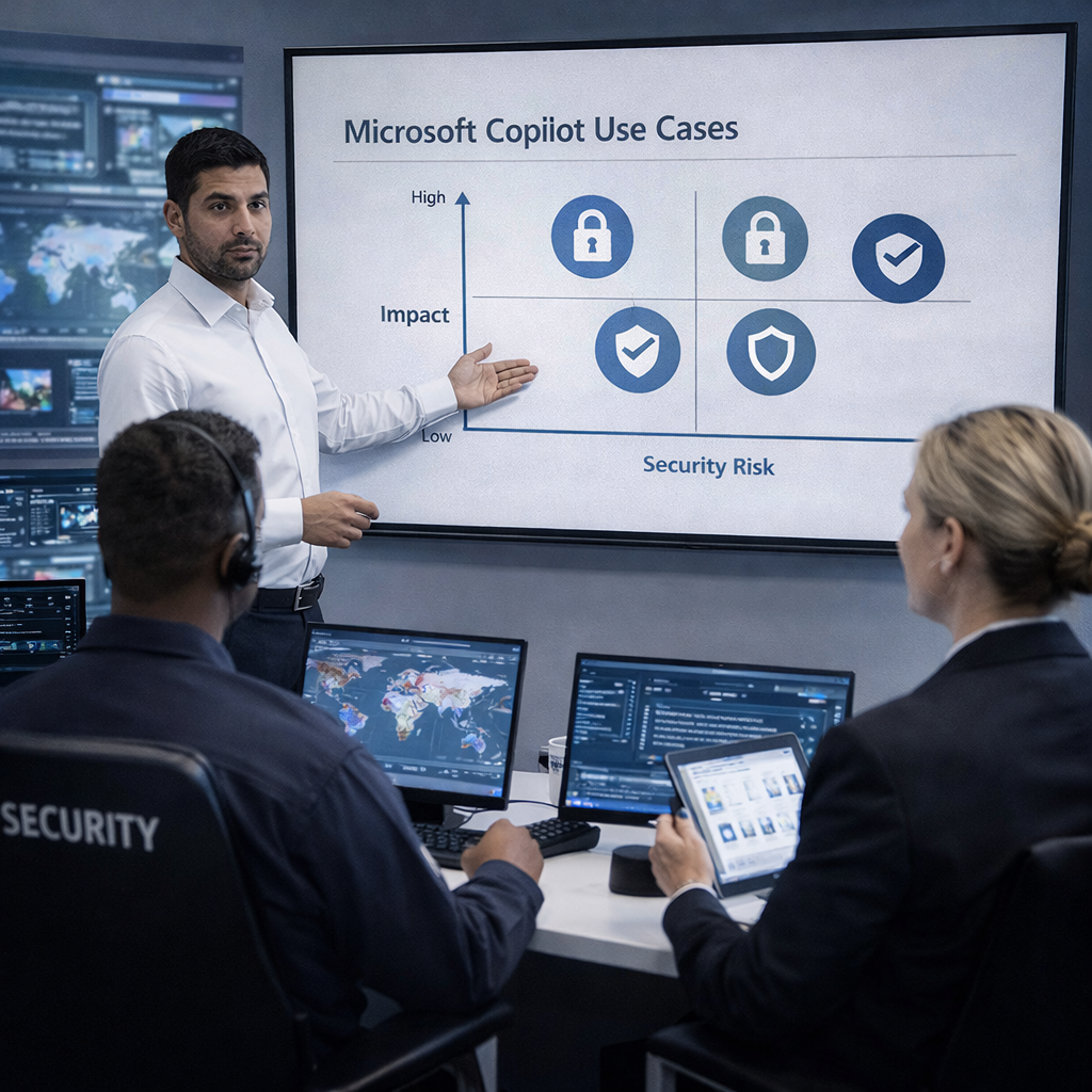 Diverse security team reviewing Microsoft Copilot use cases and governance strategy in a security operations center