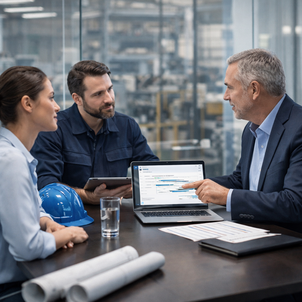 AI consultant meeting with manufacturing business leaders to review a practical implementation roadmap in a modern industrial office