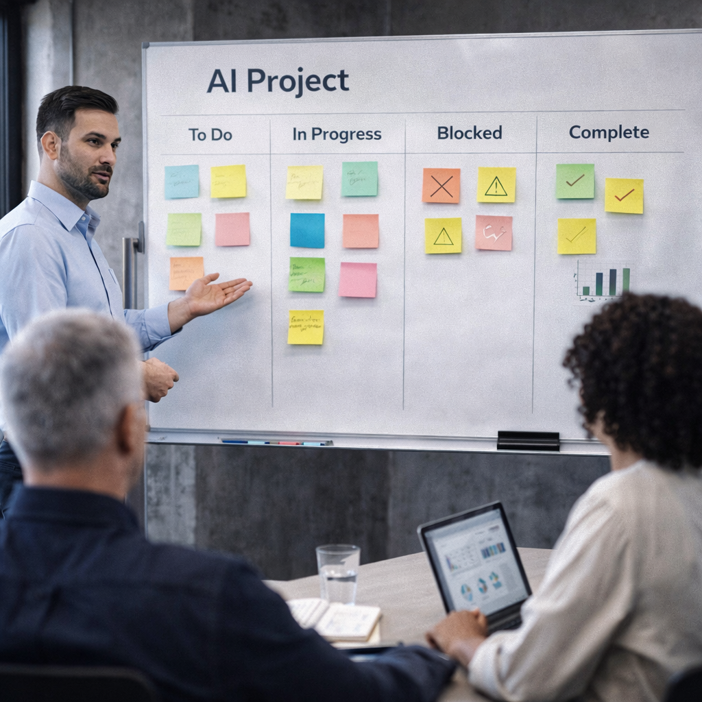 Business team reviewing an AI project scrum board with colorful sticky notes to track progress, decisions, and milestones