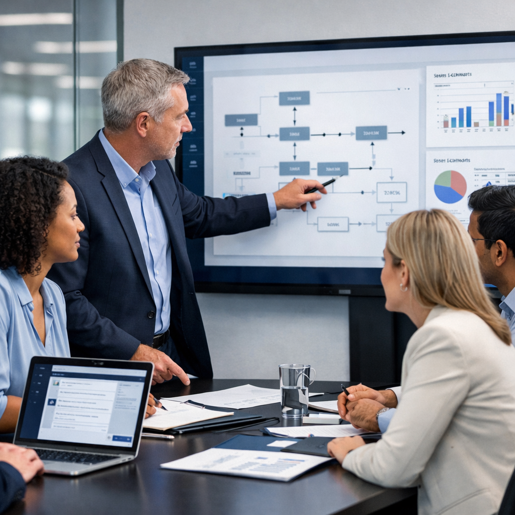 Corporate team working with an AI consultant to review workflow automation and implementation strategy on a screen
