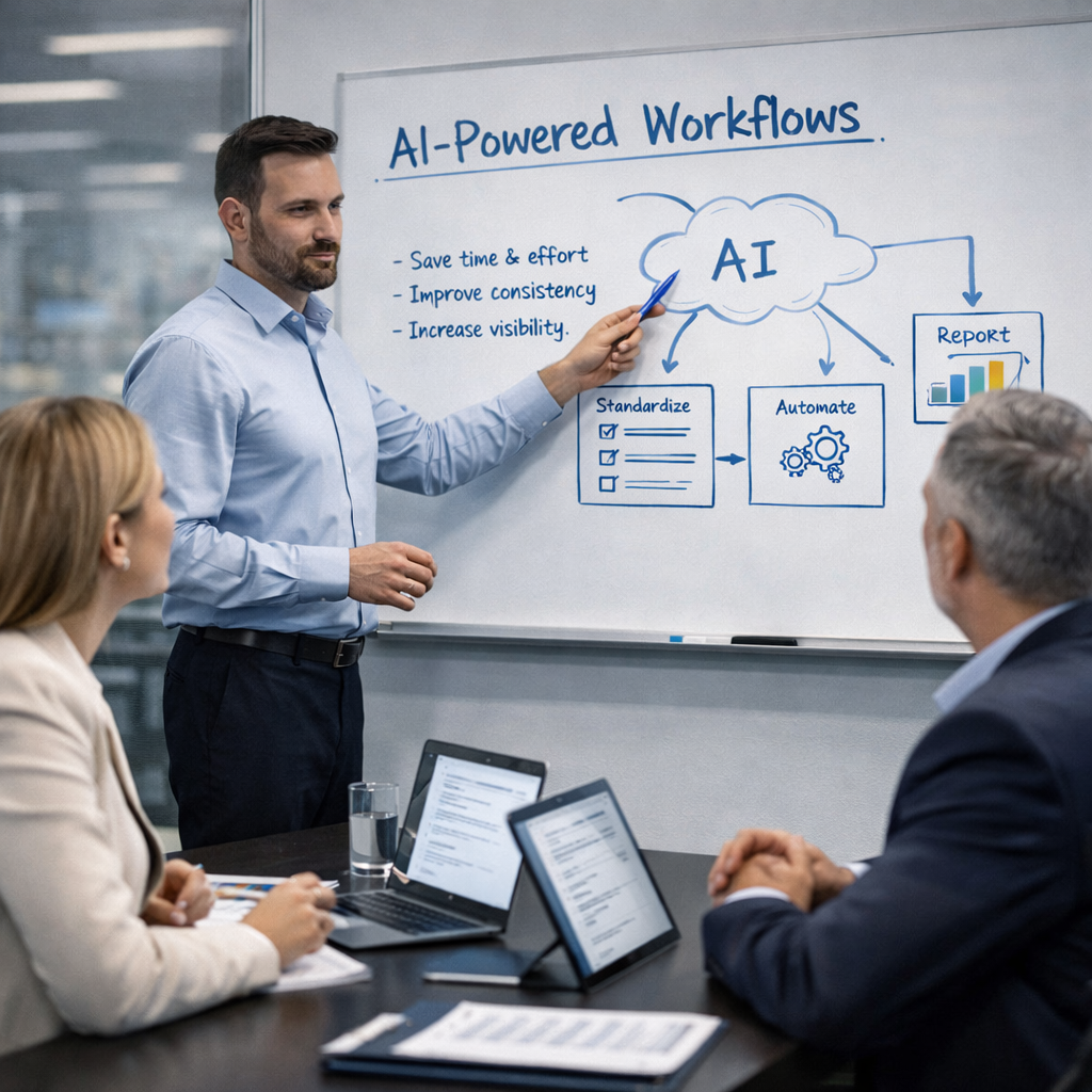 AI consultant presenting standardized workflows and automation strategy on a whiteboard to business leaders