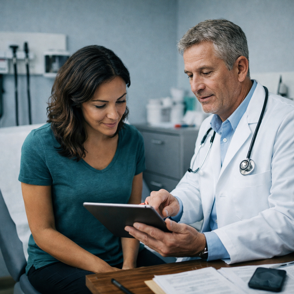 Doctor using a tablet during a patient checkup in an exam room, representing modern healthcare workflows and ePHI handling
