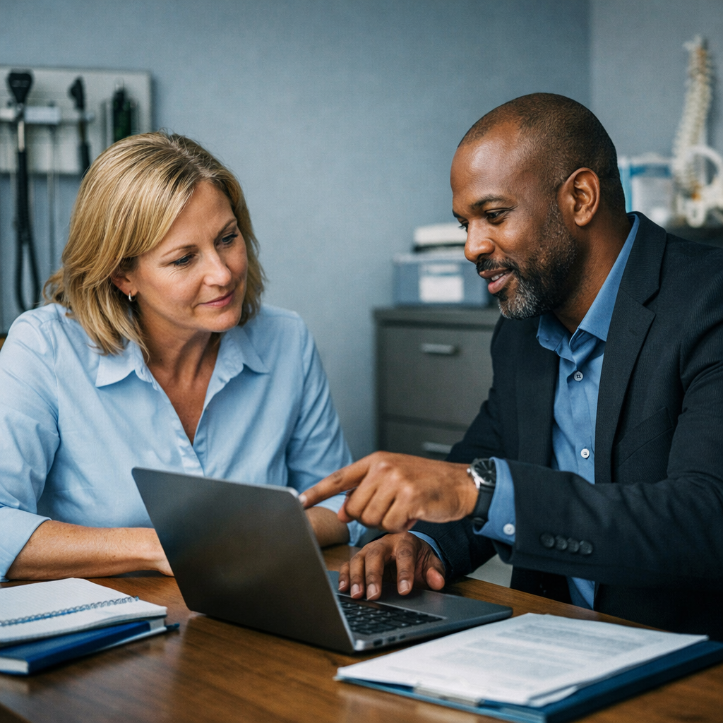 One-on-one HIPAA compliance consultation between an IT expert and healthcare administrator in a small clinic office
