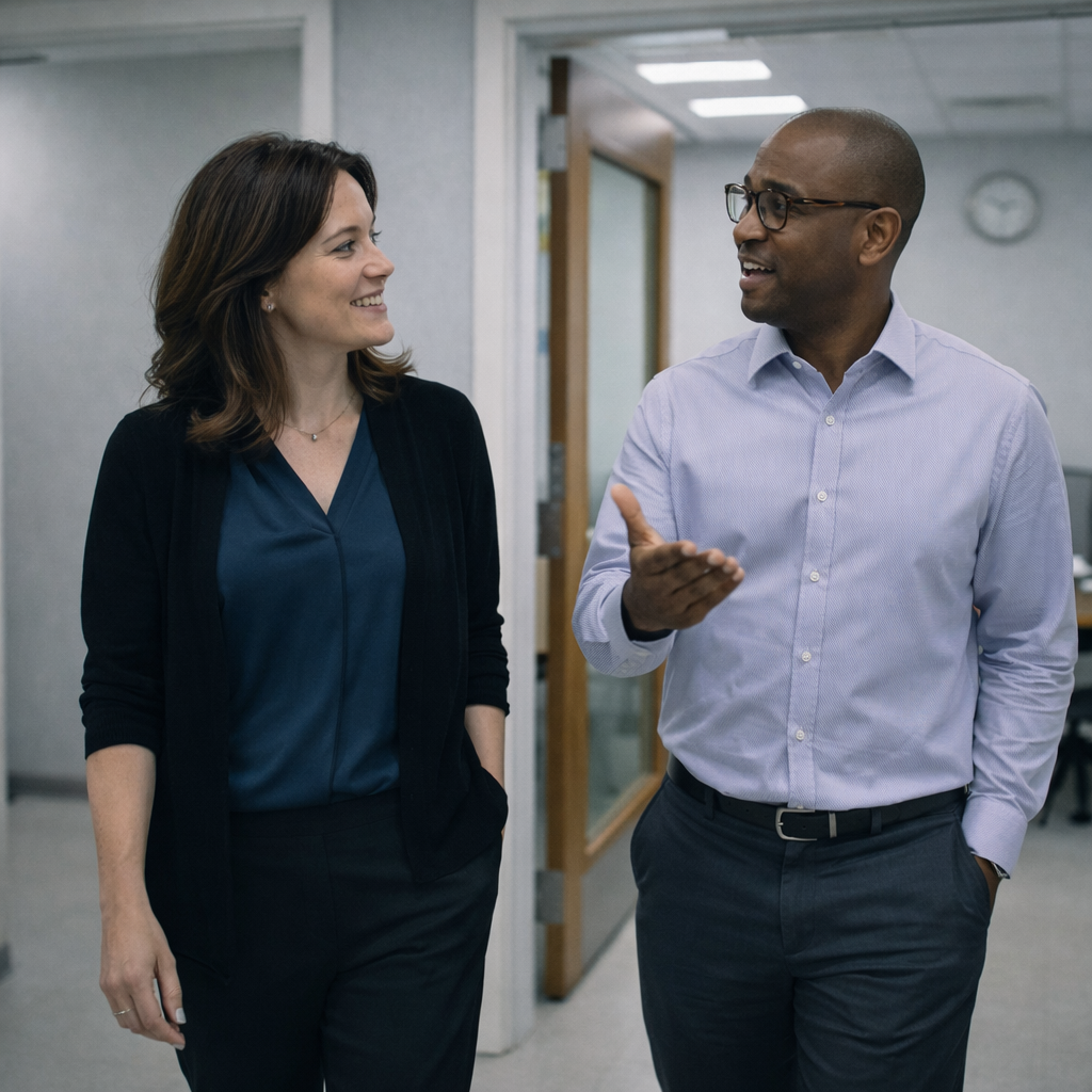 Healthcare professional and IT compliance consultant walking out of a meeting and discussing next steps in a clinic hallway