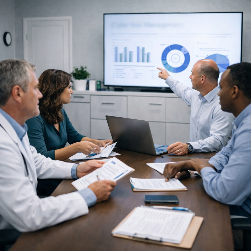 Healthcare leadership team reviewing cyber risk management presentation with a presenter pointing at a screen in a clinic conference room