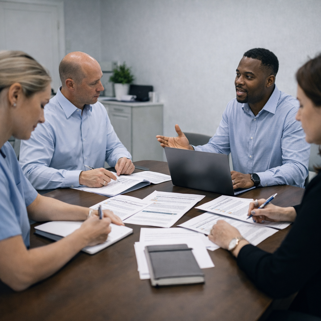 Diverse healthcare team participating in a tabletop incident response exercise led by a cybersecurity consultant