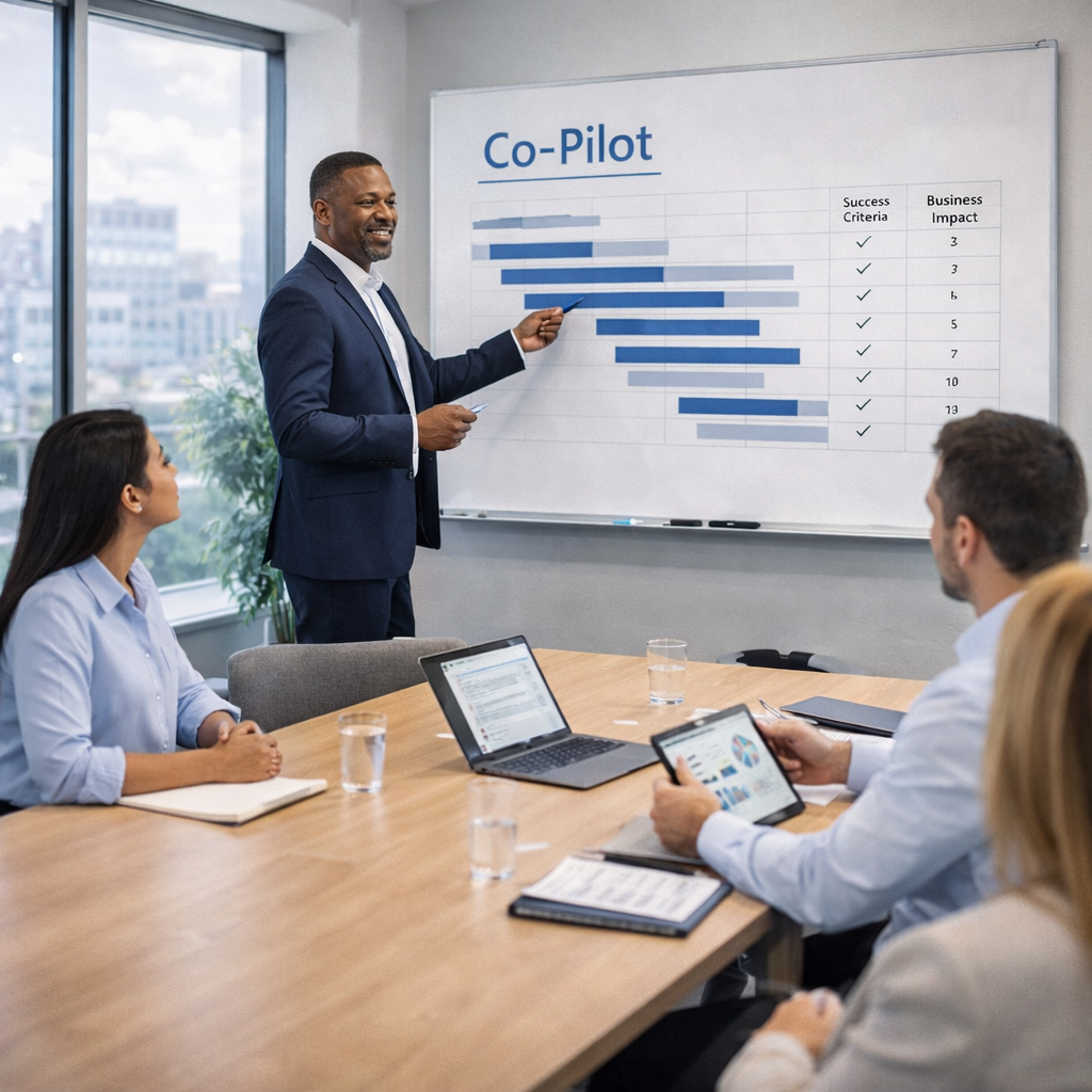 Consultant presenting a Microsoft Copilot implementation roadmap with a Gantt chart to a diverse team in a modern conference room