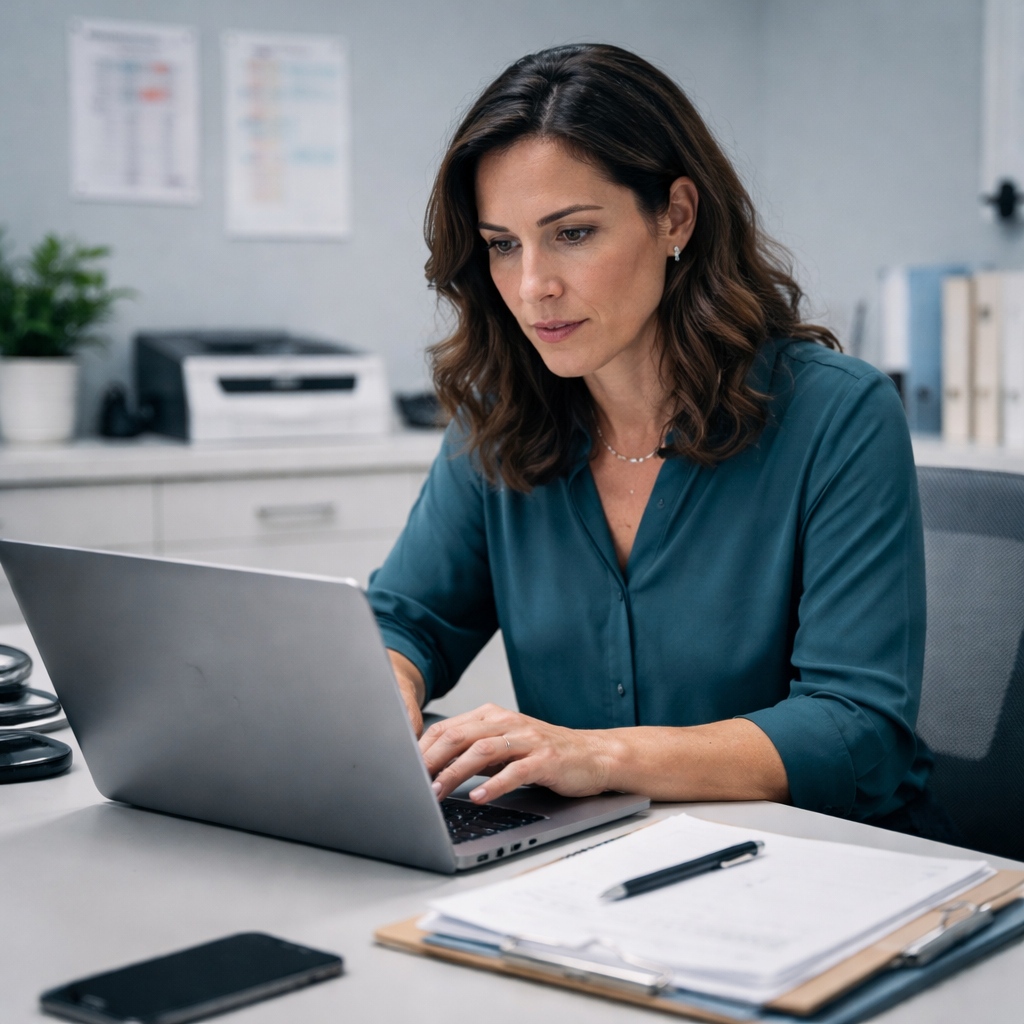 Healthcare office administrator reviewing a potential security or compliance issue on a laptop in a clinic office